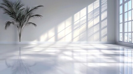   A spacious white room featuring a tropical palm tree in one corner and an expansive window gracing its adjacent wall