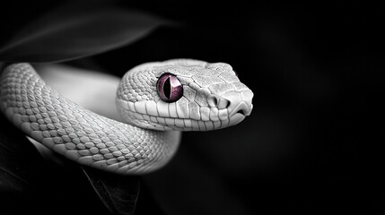 Fototapeta premium Black-and-white photo of a snake with a red eye on its head against a dark background
