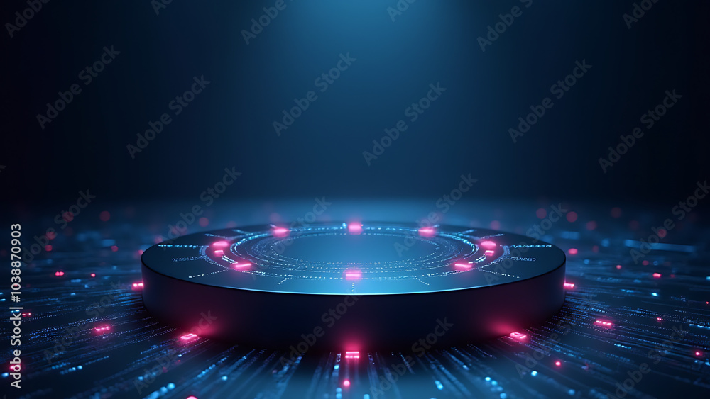 Poster Minimalist podium displays AI circuit with glowing data streams and growth patterns for tech presentations and stock photo use.
