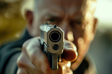 Close-up of a serious man aiming a handgun directly at the camera, creating a tense atmosphere
