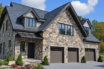 Home fa&ccedil;ade featuring stone cladding and a garage