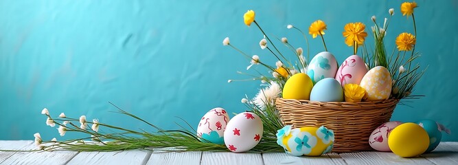 A basket of Easter eggs sits on a table next to a vase of flowers. The basket is filled with a variety of eggs including some with polka dots with space for text wooden table Spring holiday background