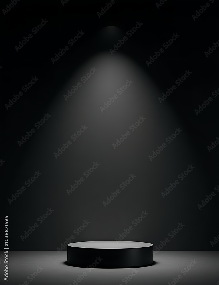 Poster Minimalist stage setup includes low podium and dark backdrop for product display with copy space.