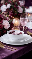  A bowl of raspberries atop a table, accompanied by a glass of wine and a plate of raspberries