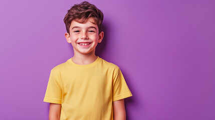 Cheerful young boy in yellow t-shirt smiling against purple background