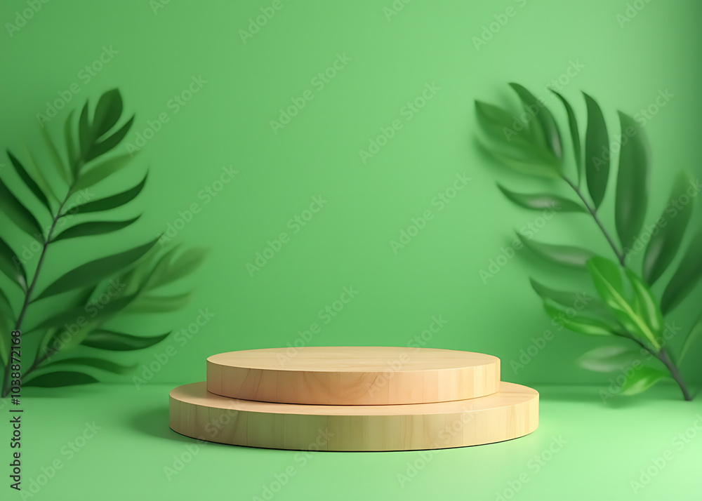 Poster mocking up a 3d wooden podium display on a green background with a leaf shadow and cosmetics product