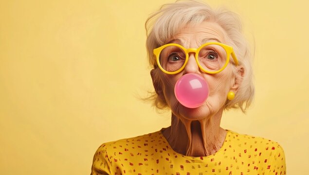 Une femme &acirc;g&eacute;e soufflant dans un chewing-gum rose, portant des lunettes jaunes et color&eacute;es, sur un fond de couleur unie.