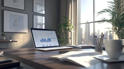 Fototapeta premium A modern workspace featuring a laptop displaying data analysis and a plant for ambiance.