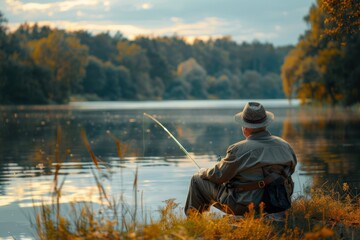 An elderly man fishing by a calm lake in a scenic outdoor setting, illustrating daily activities of seniors.