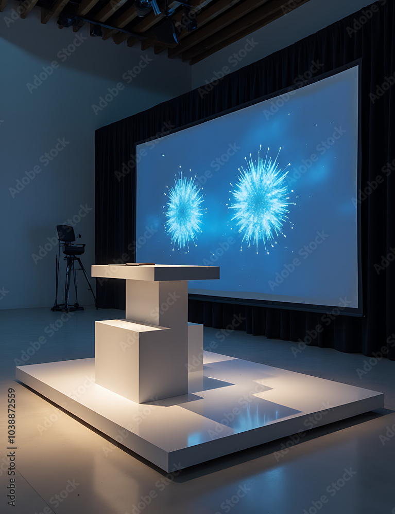 Poster Modern floating podium showcases sleek design for tech presentations with projected data.
