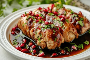 Homemade Musakhan chicken rolls with pomegranate molasses on a white plate against a blurred background