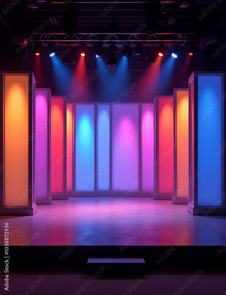 Fototapete Modern stage design features a colorful backdrop with various colors creating a vibrant and lively visual display.