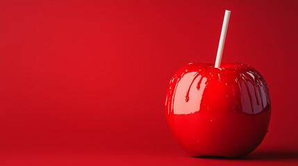 Halloween banner with copy space, candy apple, caramelized with glaze, vibrant red background