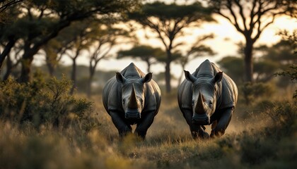 Dans le silence de la savane, le rhinocéros trace son chemin, ses cornes imposantes fendillant l'air sec de l'Afrique.