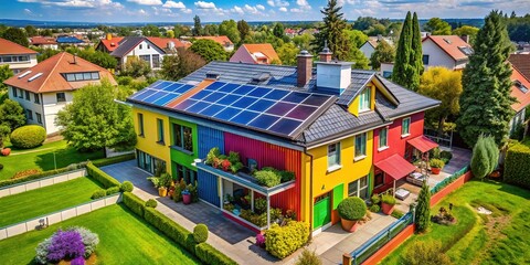 Obraz premium Innovative eco-friendly homes featuring solar panels promote sustainable living and energy efficiency, transforming modern architecture for a greener, brighter future.
