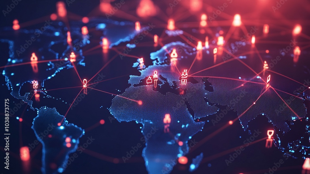 Wall mural a digital world map with red lines connecting global points of interest