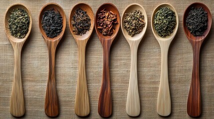 A beautiful array of wooden spoons each filled with different types of tea leaves