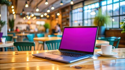 Laptop with a blank screen resting on a table, surrounded by a blurred café backdrop, ideal for creative and business-related stock photography purposes.
