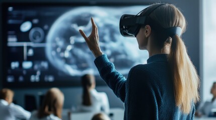 A teacher conducting a virtual reality history lesson with interactive 3D models and simulations in a digital classroom, Modern lifestyle scene, VR history education style