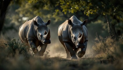 Le rhinocéros avance avec puissance sur le sentier de la brousse, ses lourds sabots soulevant la poussière sous un soleil brûlant.