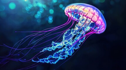 Fototapeta premium A high-resolution image of a close-up jellyfish against a vibrant blue and purple backdrop, featuring soft focus ambient light