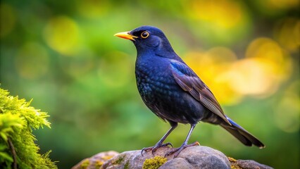 Fototapeta premium Majestic Black Bird Perched on a Rock in Nature's Serenity: A Stunning Close-Up Capture of Feathered Beauty