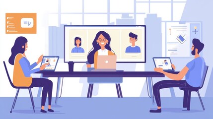 A teacher conducting an interactive online language class with students using video conferencing and language learning apps, Modern lifestyle scene, Online language education style