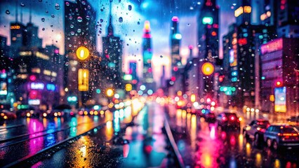 Obraz premium Neon lights flicker in the rain-soaked streets, skyscrapers loom overhead, and vibrant nightlife blurs in a bokeh haze, creating a stunning cyberpunk urban aesthetic.