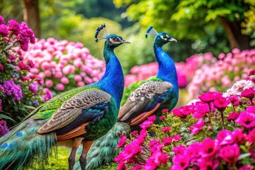Fototapeta premium Peacocks flaunt their vibrant plumage amidst a stunning array of pink flowers, creating a breathtaking scene in a lush, flourishing garden. Nature's beauty on full display.