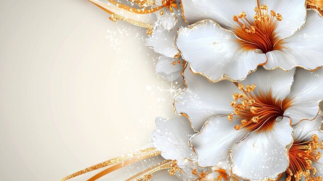   A close-up white flower on a white background with gold accents