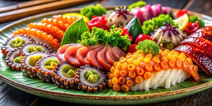Savor a vibrant Tako sushi platter featuring fresh ingredients that embody the essence of Japanese cuisine with colorful presentation and exquisite flavors. Delight in every bite!