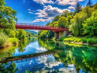 Fototapeta premium Scenic Bridge Over Tranquil River with Lush Greenery and Clear Blue Sky for Nature Photography and Landscape Art