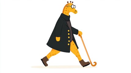 Obraz premium A black-coated, boot-wearing giraffe strolls with a cane and hat on its head