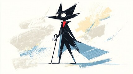   A sketch of a black cat wearing a red bowtie, a dark coat, a black top hat, and a walking stick