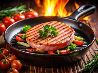 Fototapeta premium Sizzling grilled ham bologna rests in a hot black pan, exuding savory aromas and a tantalizing golden crust, enticing food lovers with its delicious appeal.