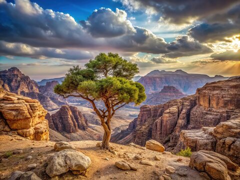 Single Tree Amidst Rocky Mountains in Daba, Jordan - A Unique Natural Landscape in Grey Tones