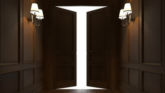Ancient corridor with opening doors in an old house, castle, monastery. Vintage interior, classic style. Isolated with luma matte, green chroma key.