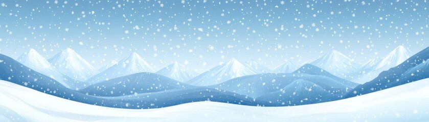 A snowfall in the mountains, with flakes drifting gently across a wide panoramic landscape