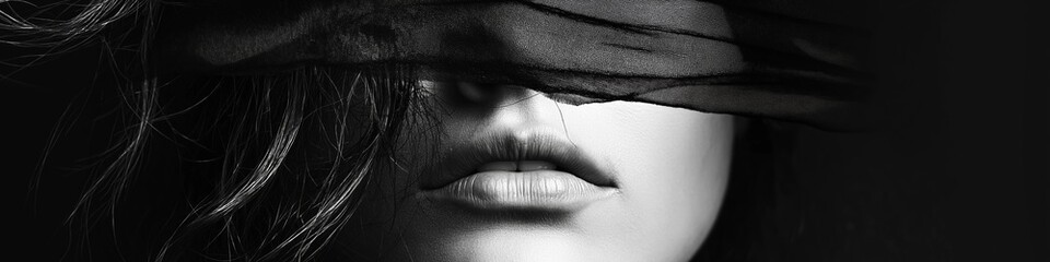 A woman's face is obscured by a black veil. The image is black and white and has a moody, mysterious feel to it