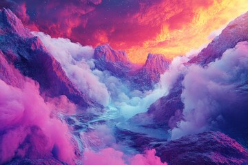 Fototapeta premium Vibrant Fantasy Landscape with Majestic Mountains and Colorful Clouds