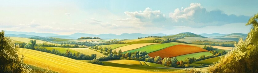 Fototapeta premium Aerial view of countryside panoramic scene flat design front view rural land animation colored pastel