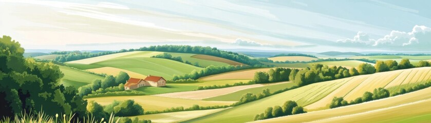 Aerial view of countryside panoramic scene flat design front view rural land animation colored pastel