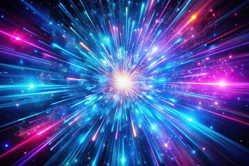 Naklejka premium Vibrant blue and purple neon glow background featuring a light speed effect, depicting a stunning galaxy explosion in the universe. An immersive cosmic experience awaits.