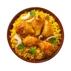Fototapeta premium A bowl of biryani with chicken pieces on a transparent background