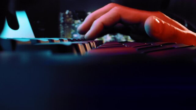 Machine Learning Iot AI Businessman Hands Programming Database Late Night At Home. Night Downtown Future And Technology Machine Learning Slow Motion Macro 8k