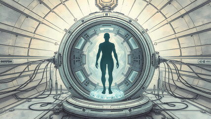 drawing of a cosmic extraterrestrial technology healing chamber, with many cables connecting the chamber to a large translucent transparent crystal. a body silhouette inside. Ambient aircraft.