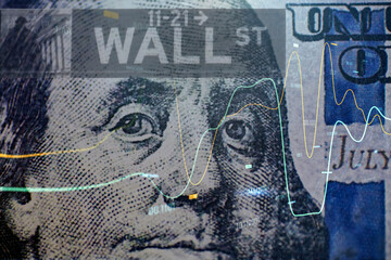Close up of a 100 USD Bill with wall st sign overlay,