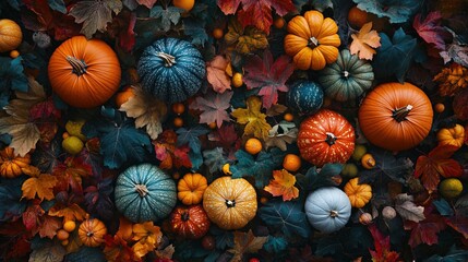A vibrant display of pumpkins and autumn leaves 