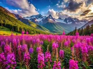 Vivid pink dwarf fireweed blooms in a breathtaking summer landscape, beautifully captured in high-definition photography, perfect for nature lovers and landscape enthusiasts alike.