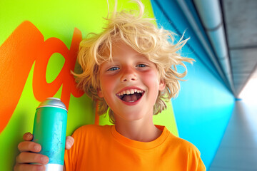 Happy child with blonde hair enjoying a bright day under a colorful mural in an urban area